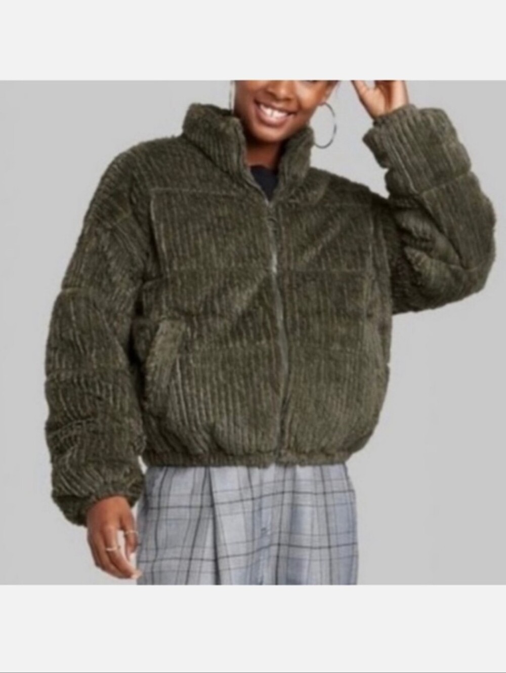 Wild Fable Green Faux Fur Puffer Bomber Full Zip Zip Jacket Size XS Soft Cozy